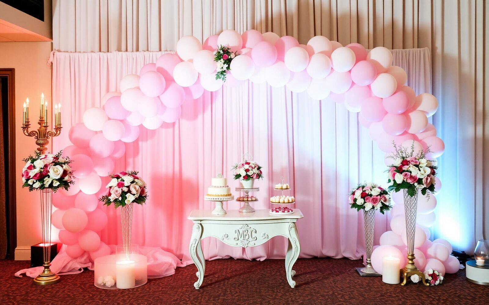 Mesa dulce elegante con decoración de globos y flores
